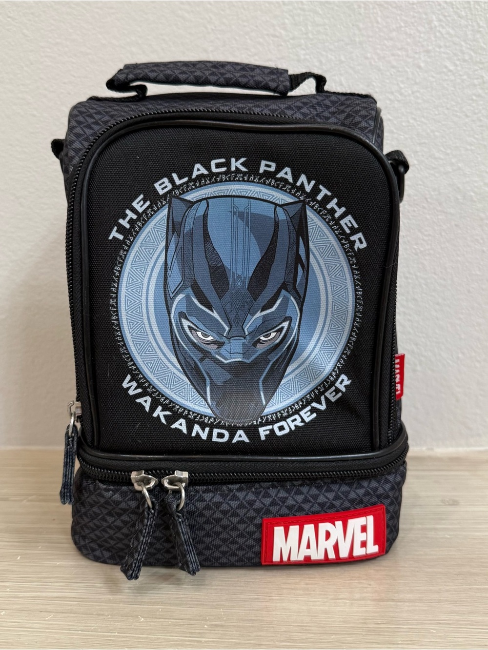 Marvel Black Panther Lunch Bag Wakanda Forever with scratched out name inside